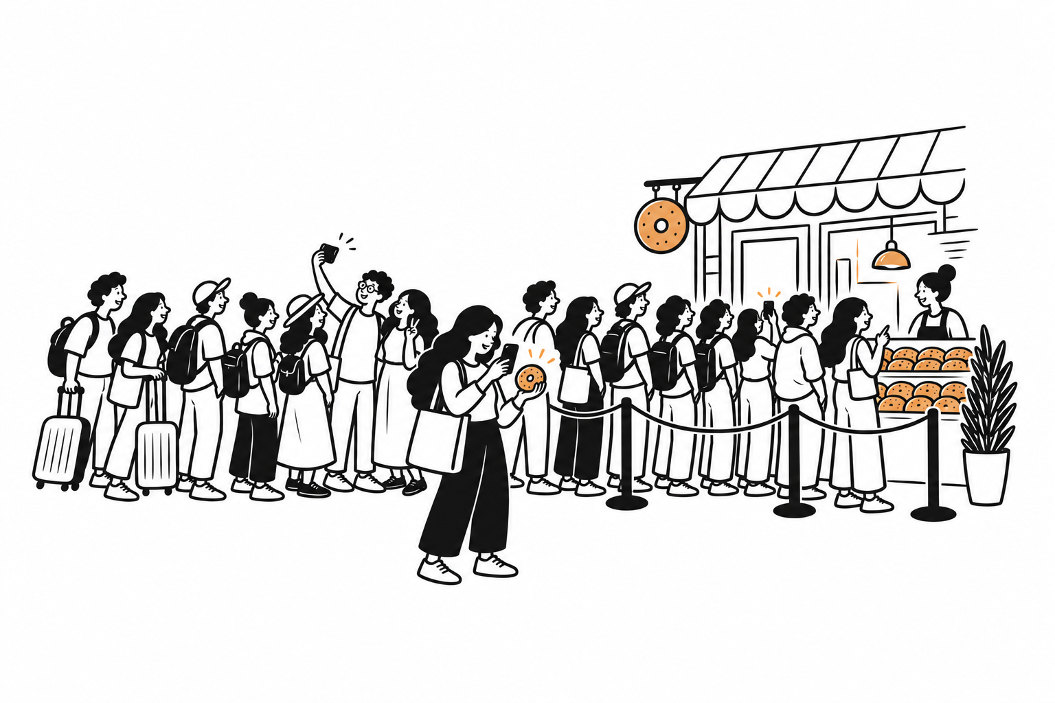 Illustration of travelers lining up outside a bagel shop, several taking photos.